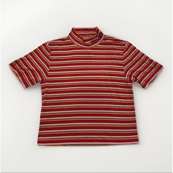 Teddy Fresh Need A Hug Ribbed Striped Mock Neck Crop Top Lurex Sz 2XL-Red-Gold - Picture 1 of 8